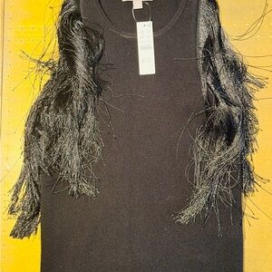 J. Crew Cashmere Black Knit Top with Fringe Accent